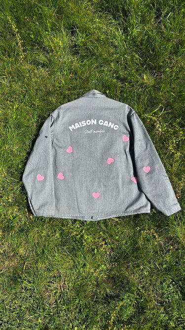 Veste de travail unisexe grise coeurs roses